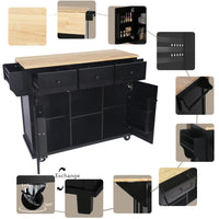 53.1" Kitchen Trolley Cart with 2 Doors & 3 Drawers & Adjustable Shelves, Kitchen Island Cart with Drop-leaf Tabletop and Locking Wheels, Rolling Kitchen Island with Spice Rack and Towel Rack, Black