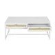 Coffee Tables with 2 Rattan Decorated Drawers, Modern Sofa Center Stand Table with Iron Frame and Smooth Tabletop for Living Room, White Frame
