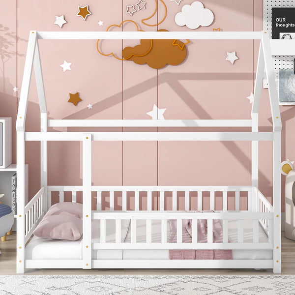 Full Size House Bed for Children,Solid Wood Floor Bed Frame with Fence Guardrails and Roof Montessori Bed,Playhouse Bed for Children Girls and Boys,White(No Bed Slats)