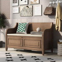 Storage Bench with Hidden Storage Space, Shoe Bench with Backrest and Removable Upholstered Cushion, Solid Wood Entryway Bench for Entryway Living Room Bedroom, 42”L x 18”W x 29.5”H, Brown + Beige