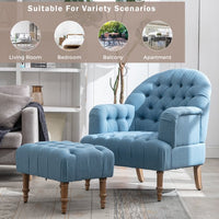 Accent Chair with Ottoman Set,Button-Tufted Upholstered Chair Set,Mid-Century Sofa Chair Reading Chair with Solid Wood Legs,Linen Fabric Arm Chair Single Sofa Chair for Living Room Bedroom,Blue