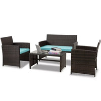 4 Pieces Outdoor Wicker Furniture Sets, PE Rattan Patio Furniture Conversation Sets with Soft Cushions, Table with Glass Tabletop for Lawn, Garden, Backyard, Teal