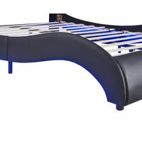 Full Bed Frame with LED Light, Upholstered Full Size Platform Bed Frame with Headboard, Modern Faux Leather Full Wave Like Curve Low Profile Bed Frame with Durable Wooden Slats Support, Black