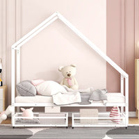 Metal Bed Frame, Twin Size House Bed with 2 Storage Drawers and Roof for Kids,Teens, Playhouse Design Bed Frame with Slats Support, No Box Spring Required, White