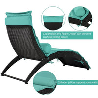 Patio Wicker Sun Lounger Set of 2, PE Rattan Foldable Chaise Lounger with Removable Cushion and Pillow, 2PCS Recliner Chair with Black Wicker and Turquoise Cushion for Poolside Garden Yard, Blue