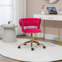Home Office Desk Armchair with Wheels, Comfy Velvet Upholstered Accent Vanity Chair with Gold Base, Adjustable Hight Swivel Task Computer Chair for Living Room, Bedroom, Rose Red
