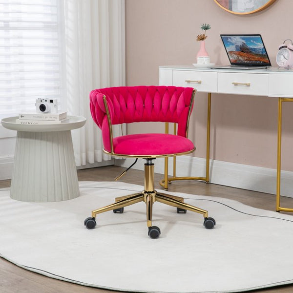 Home Office Desk Armchair with Wheels, Comfy Velvet Upholstered Accent Vanity Chair with Gold Base, Adjustable Hight Swivel Task Computer Chair for Living Room, Bedroom, Rose Red