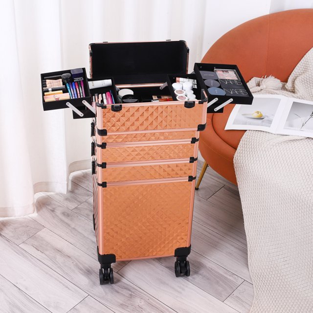 4 in 1 Professional Rolling Makeup, Train Case Aluminum Trolley Case Suitcase Organizer with Rotation Wheels for Makuep, Rose Gold