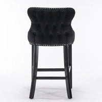 Classic Velvet Bar Stools set of 2, Upholstered Stools with Button Tufted Decoration, Wing-Back, Wooden Legs, Footrest, Goth Style Bar Chairs for Kitchen Island, Coffee Shop, Dining Room, Black