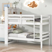 Twin over Twin Bunk Beds with Bookcase Headboard, Solid Wood Low Bunk Bed Frame with Ladder and Full-length Guardrails, Bunk Bed Convertible to 2 Seperate Twin Beds, Mattress Not Included, White