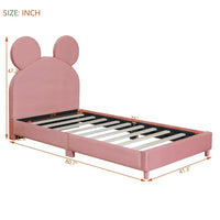 Twin Size Upholstered Toddler Bed with Bear Ear Shaped Headboard, Velvet Fabric Low Platform Bed with Wood Slat Support, Twin Size Bed for Kids, Girls, Boys, Pink