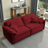 79" Sofa Couch, Soft Velvet 3 Seater Sofa, Mid Century Modern Couches for Living Room, Solid Wood Frame, Wide Backrest, Square Armrest, 2 Throw Pillows, Fit for Home Office Apartment, Red
