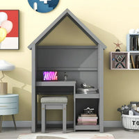 House-Shaped Desk with Cushion Stool, Wooden Desk and Chair Set with Roof and a Stepped Desk Surface, Kid's Reading Writing Desk Set for Bedroom Study Room