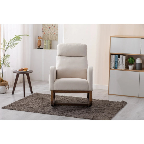 Rocking Chair Nursery with Side Pocket, Upholstered Glider Chair with High Back and Wood Legs, Accent Armchair for Living Room Bedroom, Beige