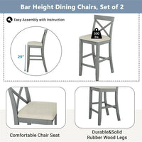 3-Piece Dining Table Set Farmhouse 48" Rectangular Counter Height Bar Table Set with 2 Upholstered Chairs with X-Frame Back and Footrest, Space-Saving Kitchen Breakfast Table for Living Room, Gray
