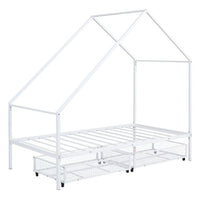 Metal Bed Frame, Twin Size House Bed with 2 Storage Drawers and Roof for Kids,Teens, Playhouse Design Bed Frame with Slats Support, No Box Spring Required, White