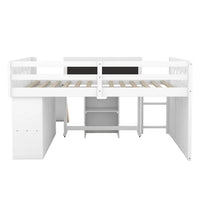 Full Size Loft Bed with Desk and Slide for Kids, Wooden Low Full Loft Bed Frame with Blackboard and Chair for Kids Boys Girls, Open Cabinets and Built-in Staircase Design, White