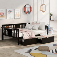 Full Size Daybed with Two Drawers, Multifunctional Wood Daybed Frame with Three Sides Handrails and Foldable Shelves, Full Platform Bed Sofa Bed with Wood Slat Support, No Box Spring Needed, Espresso