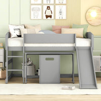 Loft Bed Full Size, Low Study Full Loft Bed with Rolling Portable Desk and Chair, Kids Loft Bed with Slide, Built-in 2 Rung Ladder and Full Length Safety Guardrails for Boys Girls, Gray