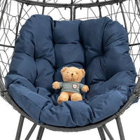 Oversized Rattan Wicker Egg Chair, Patio Egg Basket Chair with Soft Cushion, Teardrop Cuddle Seat & Sturdy Steel Frame, for Living Room, Backyard, Balcony, Patio,Navy Blue