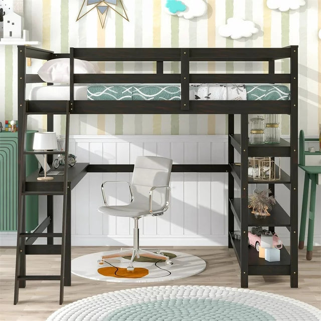 Full Size Loft Bed with Desk and Storage Shelves,Wooden High Loft Bed Frame with Ladder and Bookshelf for Dorm,Kids Adults Boys Girls Teens,Espresso