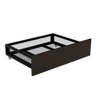 Full Size Metal House Platform Bed with Two Drawers, Low Platform Bed Frame with Headboard and Footboard, Roof Design House Bed for Kids, Teens and Adults, Sturdy Metal Slats Support, Black
