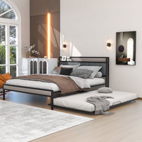 Queen Size Metal Platform Bed Frame with Twin size trundle, Upholstered headboard ，Sockets, USB Ports and Slat Support ,No Box Spring Needed，Black