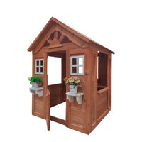 Wooden Kids Playhouse, Backyard Modern Outdoor Wooden Playhouse, Cottage, Stove, Windows, 2 windows and flowerpot holder, 42" L x 46" W x 55" H, Golden Red