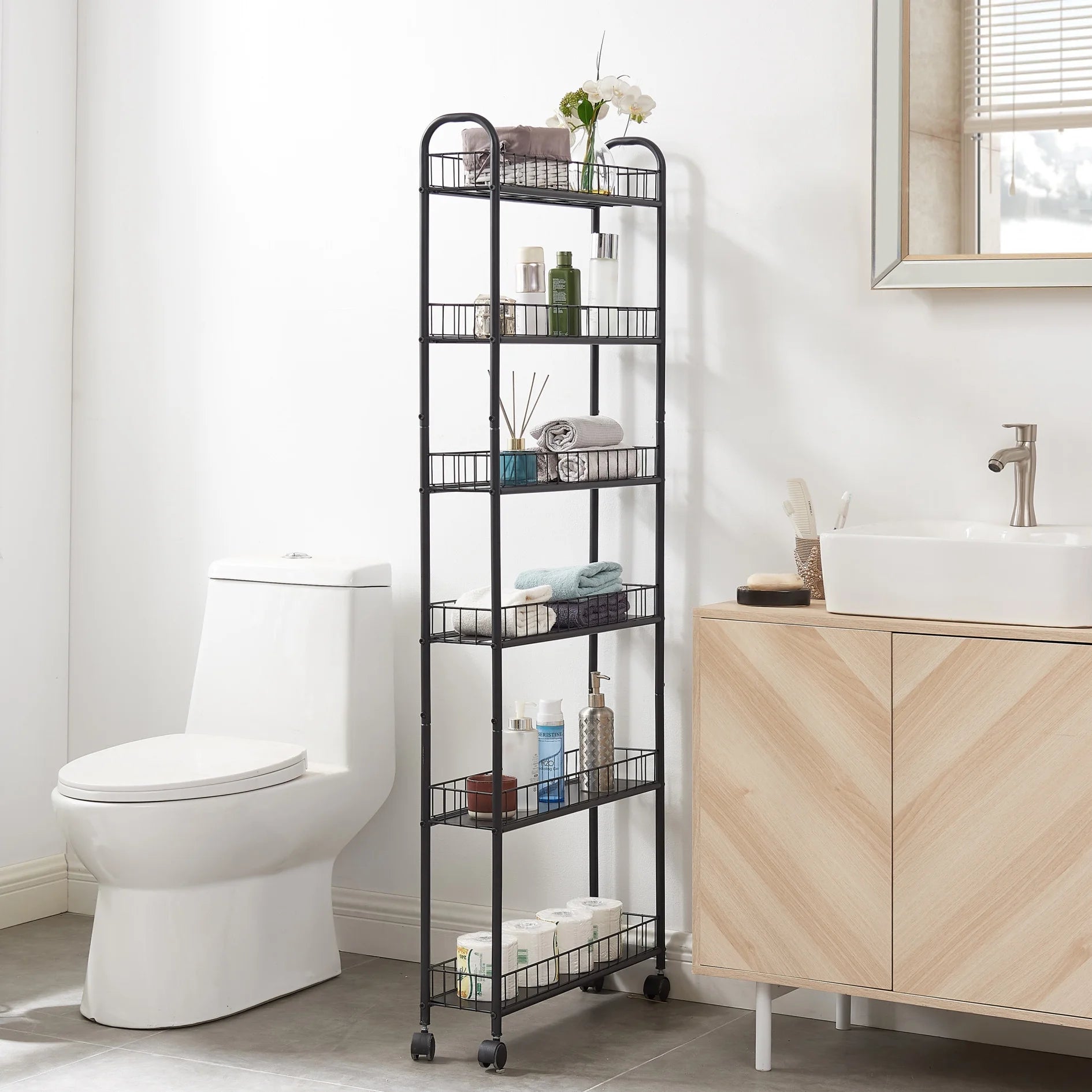 6 Tier Rolling Cart, Mobile Storage Shelving Unit with Wheels, Movable Storage Shelf, Narrow Metal Wire Storage Rack with Baskets for Kitchen Bathroom Office Laundry, Antique brown