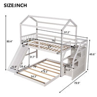 Twin Over Full House Bunk Bed with Convertible Slide and Storage Staircase, Kids Bunk Bed with Roof and Full-Length Guardrail,Floor Bunk Beds with Slat Support,No Box Spring Needed,Easy Assembly,White