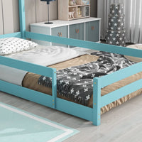 Twin Size Floor Bed, Wooden Montessori Bed Fence Bed with House Shape Headboard, Wood House Bed Platform Bed, for Boys Girls, Low to Ground Height, No Box Spring Needed, ight Blue