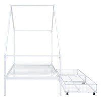 Metal Bed Frame, Twin Size House Bed with 2 Storage Drawers and Roof for Kids,Teens, Playhouse Design Bed Frame with Slats Support, No Box Spring Required, White