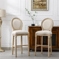 Bar Stools Set of 2,French Country Tall Wooden Barstools,Armless Stool Chairs with Upholstered Seat and Back,Solid Wood Frame Chairs with Footstand,Beige and Natural