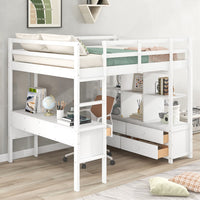 Full Size Loft Bed with Built-in Desk with Two Drawers, Storage Shelves and Drawers, Solid Wood Loft Bed Frame with Built-in Ladder and Guardrails for Kids Teens Adults, Maximized Space, White