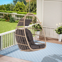 Hanging Egg Chair Indoor Outdoor without Stand, Foldable Wicker Rattan Swing Egg Chairs with Thick Cushion, Hammock Egg Hanging Chair with Aluminum Frame for Bedroom Patio Balcony, Wood+Dark Gray