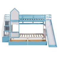 Wood Bunk Bed, Twin-Over-Twin Castle Style Bunk Bed with 2 Drawers and 3 Shelves, Playhouse Inspired Bunk Bed with Slide and Storage Staircase, No Box Spring Needed, Blue