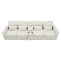 114.2" Upholstered 4-Seat Sofa Couch with Console Table, Storage and Charging Function, Modern Linen Oversized Deep Couch, Comfy Sofa Couch for Living Room, Office, Beige