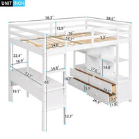 Full Size Loft Bed with Built-in Desk with Two Drawers, Storage Shelves and Drawers, Solid Wood Loft Bed Frame with Built-in Ladder and Guardrails for Kids Teens Adults, Maximized Space, White