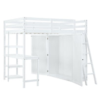 Full Size Loft Bed with Desk and Wardrobe, Solid Wood Loft Bed Frame with Inclined Ladder and Full-Length Guardrail, Loft Bed with Desk and Storage for Kids Teens Girls Boys Bedroom Dorm, White