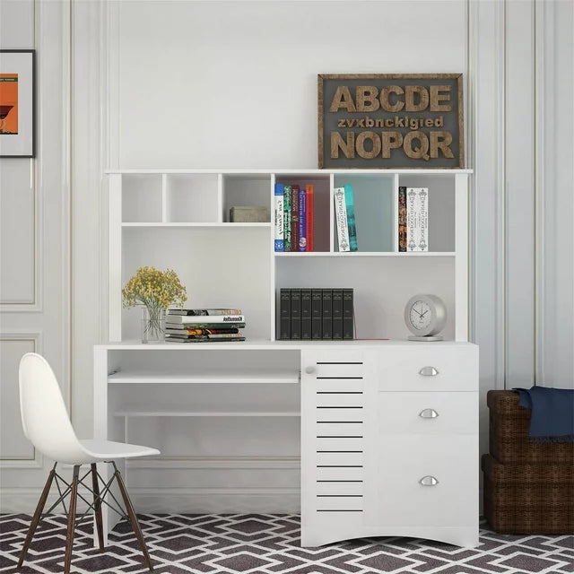 Desktop Computer Desk with Hutch, Bookshelf, Storage, Drawer, Home Office Writing Table, Student Study Laptop Tables Workstation, Wood Desk Bookcase Combination, for Small Space, White