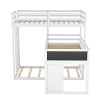 L-Shaped Triple Bunk Bed for 3, Twin Size Bunk Bed with Storage Cabinet and Blackboard Wood Corner Bunk Bed Frame with Full-Length Guardrails and Ladder 3 Bed in 1 for Kids No Box Spring Needed, White