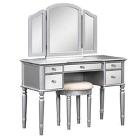 43" Luxury Dressing Table Set, Mid-centery Dresser with Tri-fold Mirror, 5 Drawers, Stool, Baroco Style Makeup Vanity Set for Bedroom, Living Room, Silver