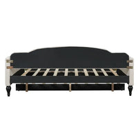 Full Linen Upholstered Daybed with Twin Size Trundle, Full Size Upholstered Tufted Sofa Bed with Nail Head Trim, Trundle Daybed with Wood Frame, Beige