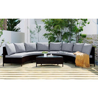 Outdoor 5-Piece Half-Moon Sectional Furniture Set, Patio Curved Sofa Set, All-Weather PE Rattan Wicker Conversation Set with Tempered Glass Table 8 Pillows 4 Cushions for Garden Backyards Pools, Gray