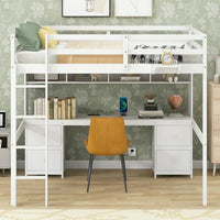 Full Size Loft Bed with Charging Station Multifunctional Loft Bed with Desk, Cabinets, Drawers and Bedside Tray, Solid Wood Loft Bed Frame with Built-in Ladder and Full-Length Guardrails, White