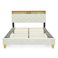 Wood Low Platform Bed Frame Full Size with Upholstered Headboard Storage Shelf Outlet USB Ports, 600lbs Load Fit 8''-10" mattress, Beige