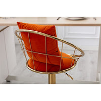 Swivel Bar Chair Set of 2 with Toss Pillow and Seat Cushion, 2 Piece Velvet Adjustable Bar Stool with Gold Base and Footrest, Kitchen Island Stools with Curved Back, Suitable for Dinning room, Orange