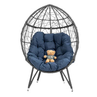 Oversized Rattan Wicker Egg Chair, Patio Egg Basket Chair with Soft Cushion, Teardrop Cuddle Seat & Sturdy Steel Frame, for Living Room, Backyard, Balcony, Patio,Navy Blue