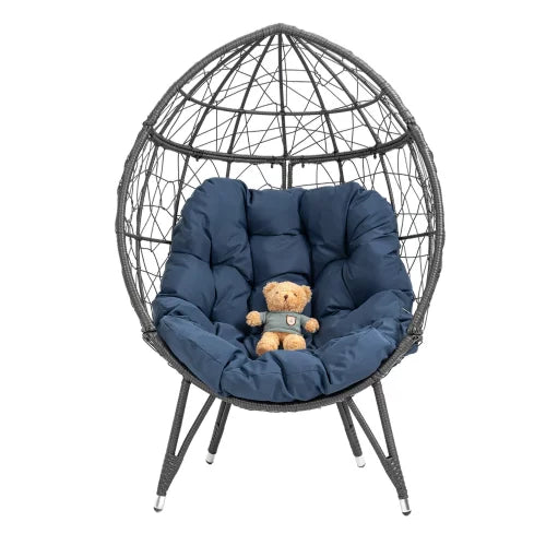 Oversized Rattan Wicker Egg Chair, Patio Egg Basket Chair with Soft Cushion, Teardrop Cuddle Seat & Sturdy Steel Frame, for Living Room, Backyard, Balcony, Patio,Navy Blue