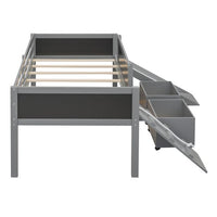 Low Loft Bed with Slide and Two Storage Boxes, Chalkboard, Wood Twin Size Loft Bed with Climbing Frame and Rope (Gray, Loft Bed)